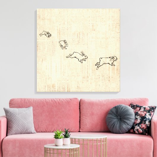 Cute Bunny Thorming Jumping Rabbits Art Canvas Afdruk (Insitu (Woonkamer))