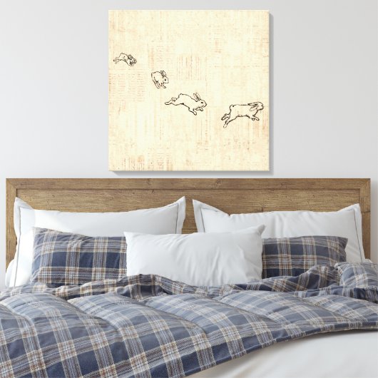 Cute Bunny Thorming Jumping Rabbits Art Canvas Afdruk (Insitu (Slaapkamer))