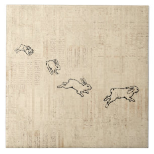 Cute  Bunny Thorming Jumping Rabbits Art Tegeltje