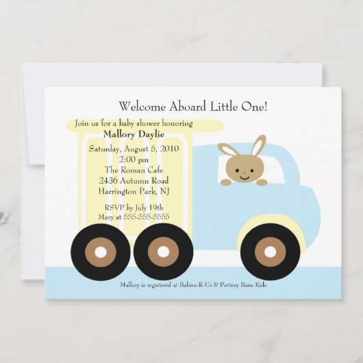 Cute Bunny Truck Boy Baby shower Invitation Kaart (Voorkant)