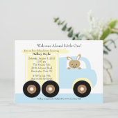 Cute Bunny Truck Boy Baby shower Invitation Kaart (Staand voorkant)