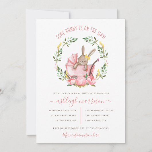 Cute Bunny & Waterverf Flowers Girl Baby shower Kaart (Voorkant)