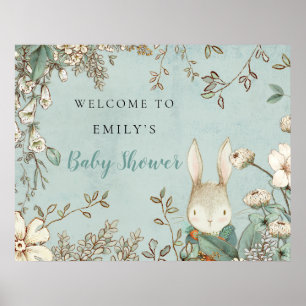 Cute Bunny  Welcome Baby shower Powder Blue Poster