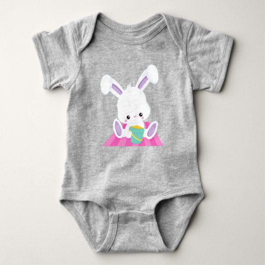 Cute Bunny, White Bunny, Baby Bunny, Beach Bucket Romper (Voorkant)