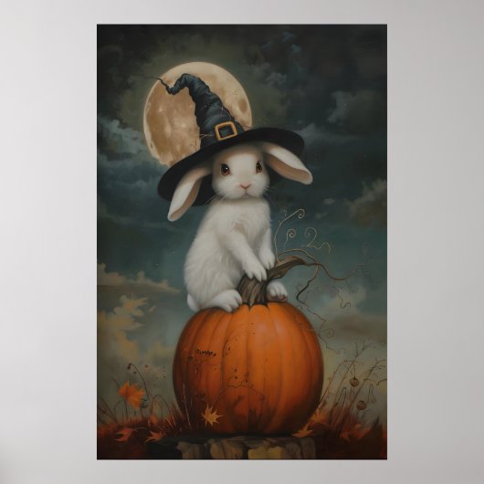 Cute Bunny Witch on Pumpkin Art Printable, Hallowe Poster (Voorkant)