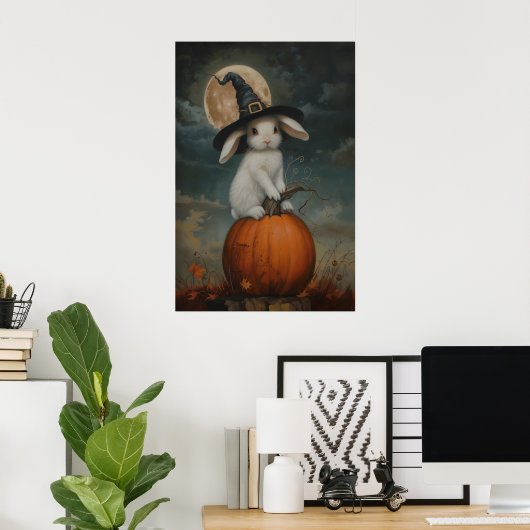 Cute Bunny Witch on Pumpkin Art Printable, Hallowe Poster (Thuiskantoor)