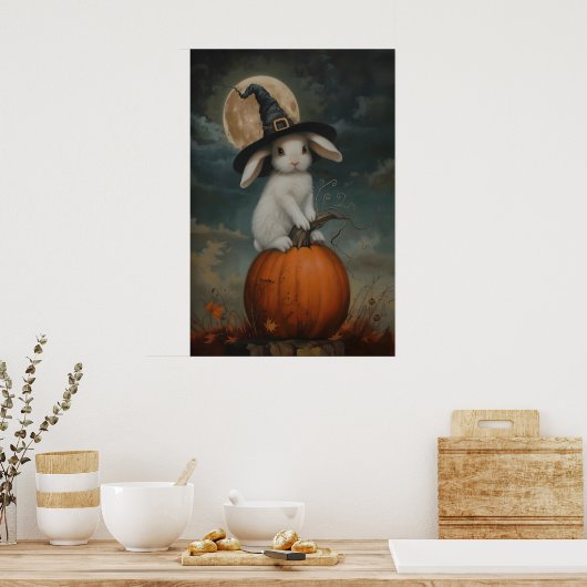 Cute Bunny Witch on Pumpkin Art Printable, Hallowe Poster (Keuken)