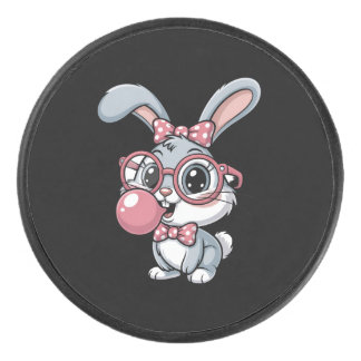 Cute Bunny with Glasses Blowing Bubble Gum Hockey Puck