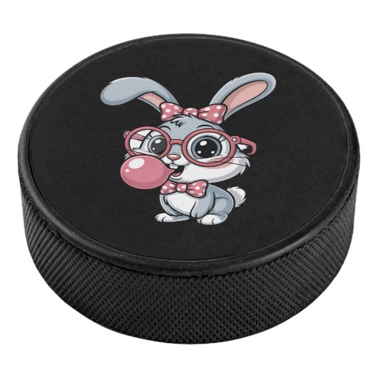 Cute Bunny with Glasses Blowing Bubble Gum Hockey Puck (3/4)