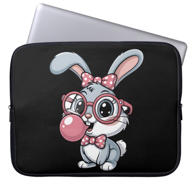 Cute Bunny with Glasses Blowing Bubble Gum Laptop Sleeve (Voorkant)