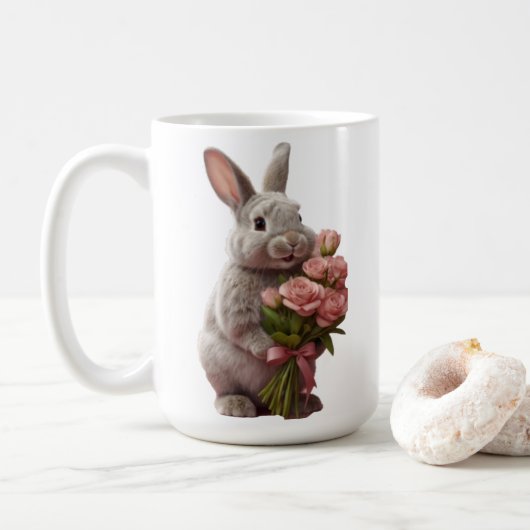  “Cute Bunny with Pink Roses” Adorable Art Design Koffiemok (Met donut)