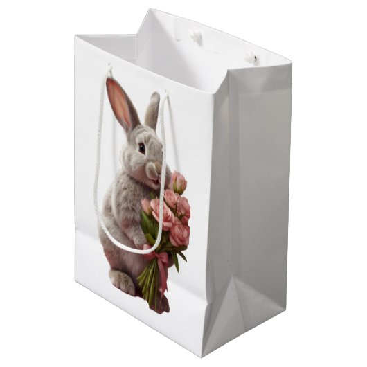  “Cute Bunny with Pink Roses” Adorable Art Design Medium Cadeauzakje (Voorkant Gekanteld)
