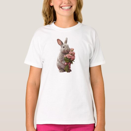 “Cute Bunny with Pink Roses” Adorable Art Design T-shirt (Voorkant)