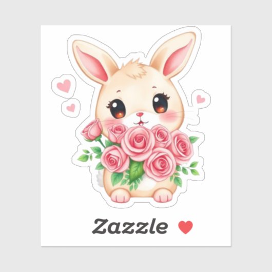 Cute bunny with roses Custom-Cut Vinyl Sticker (Vel)