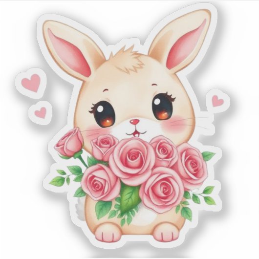 Cute bunny with roses Custom-Cut Vinyl Sticker (Voorkant)