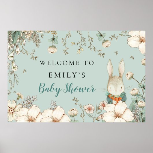Cute Bunny Woodland Boy Welcome Baby shower Sign Poster (Voorkant)
