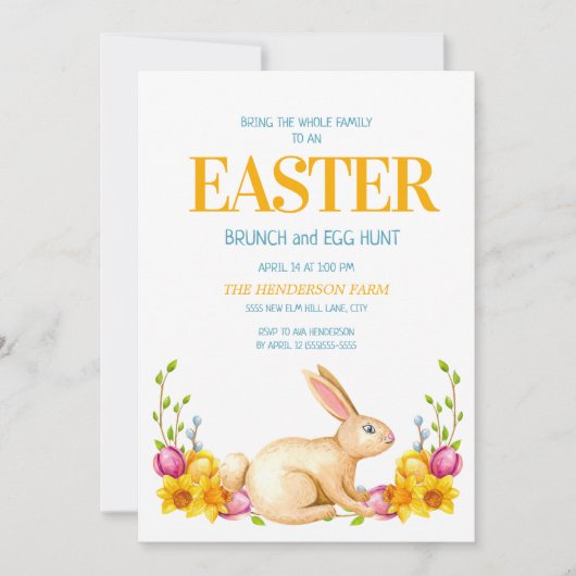 Cute Bunny Yellow Flowers Easter Brunch Egg Hunt Kaart (Voorkant)