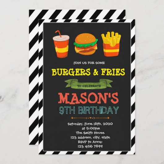 Cute burger- en friesthemauitnodiging kaart (Voorkant / Achterkant)