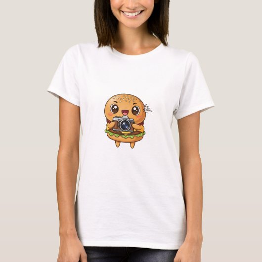 Cute Burger Photographer Cartoon with Retro Camera T-shirt (Voorkant)