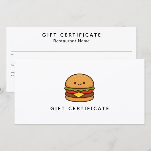 Cute Burger Restaurant Business Gift Certificate (Voorkant / Achterkant)