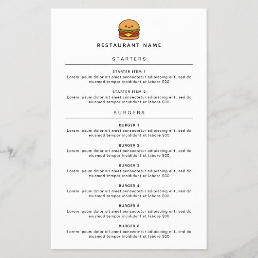Cute Burger Restaurant Menu (Voorkant)
