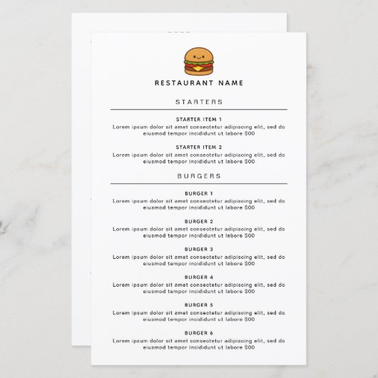 Cute Burger Restaurant Menu (Voorkant / Achterkant)