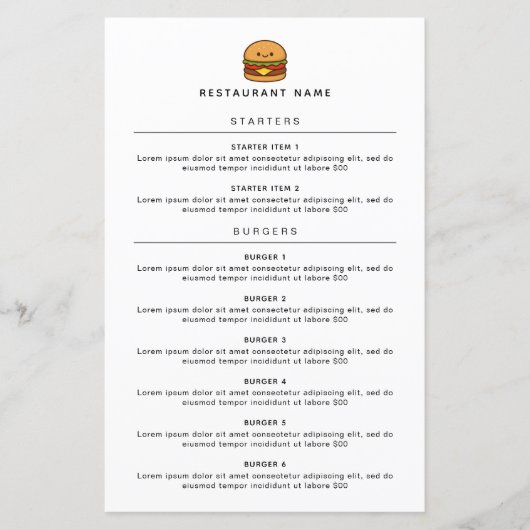 Cute Burger Restaurant Menu (Voorkant)