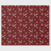 Cute Burgundy Flying Reindeer Snowflakes kerst Cadeaupapier (Vlak)