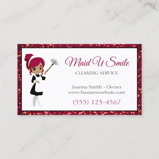 Cute Burgundy Glitter Cleaning Maid Service Visitekaartje (Voorkant)