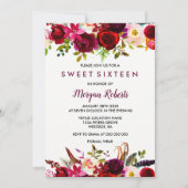 Cute Burgundy Red Floral Sweet 16 Party Invite Kaart (Voorkant)