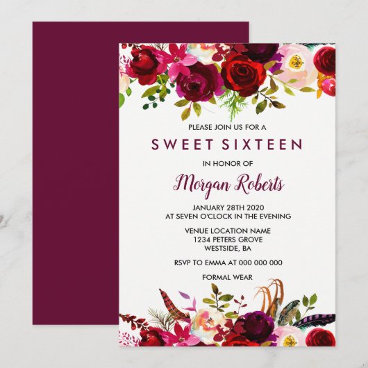 Cute Burgundy Red Floral Sweet 16 Party Invite Kaart (Voorkant / Achterkant)