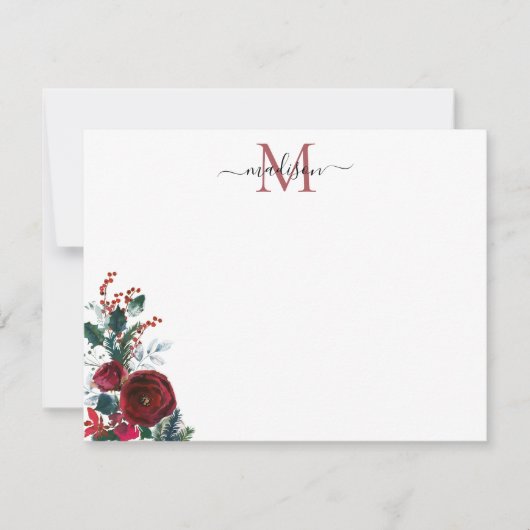 Cute Burgundy Red Rose Floral Monogram Notitiekaartje (Voorkant)