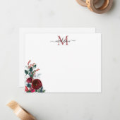 Cute Burgundy Red Rose Floral Monogram Notitiekaartje (Voorkant / Achterkant in situ)