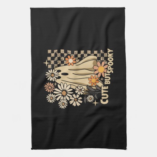 Cute but Spooky Funny Floral Halloween Ghost Check Theedoek (Verticaal)