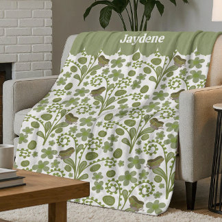 Cute Butterflies And Plants Shades Of Green Fleece Deken