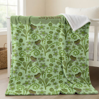 Cute Butterflies And Plants Shades Of Green Fleece Deken