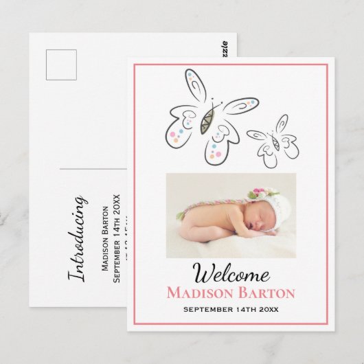 Cute Butterflies Baby Girl Foto aankondiging Briefkaart (Voorkant / Achterkant)