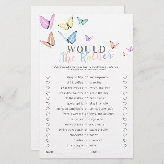 Cute Butterfly Baby shower Game (Voorkant / Achterkant)