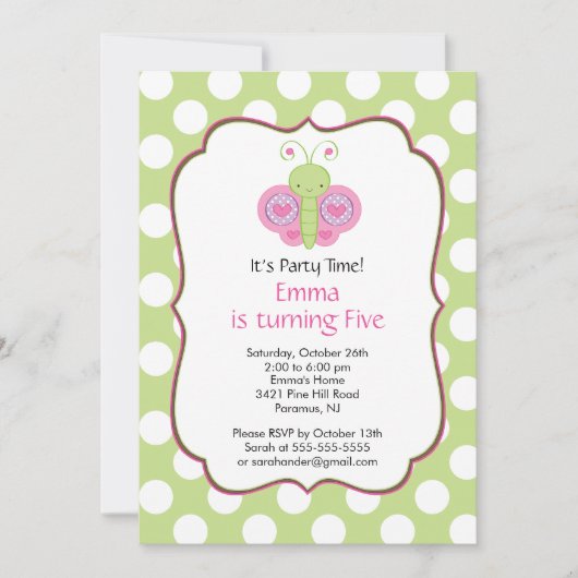 Cute Butterfly Birthday Party Invitation Kaart (Voorkant)