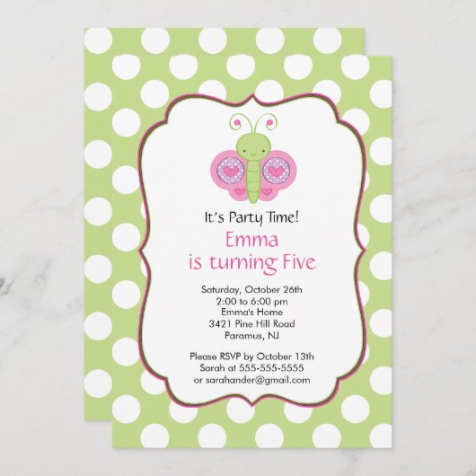 Cute Butterfly Birthday Party Invitation Kaart (Voorkant / Achterkant)