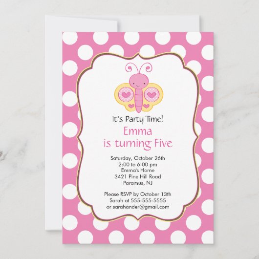 Cute Butterfly Birthday Party Invitation Kaart (Voorkant)