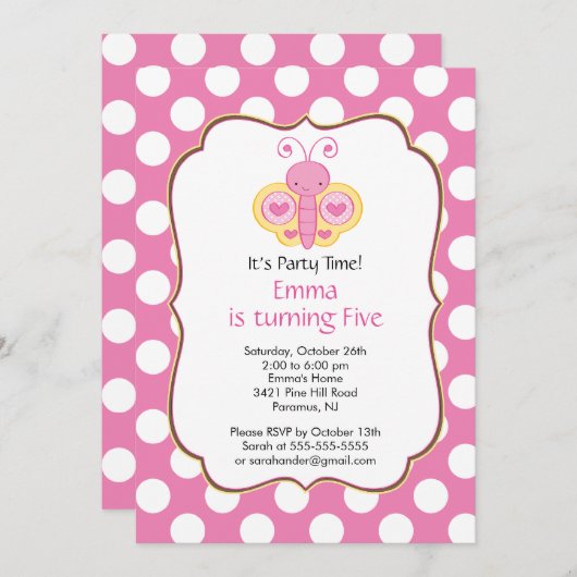 Cute Butterfly Birthday Party Invitation Kaart (Voorkant / Achterkant)