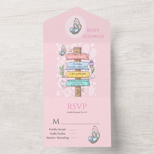 Cute Butterfly Floral Sign Roze Baby shower All In One Uitnodiging (Binnen)