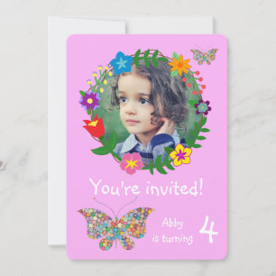 Cute Butterfly Flowers Girls Birthday Party Kaart