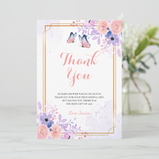 Cute Butterfly Paars Pink Floral Girl Baby shower Bedankkaart (Staand voorkant)