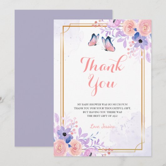 Cute Butterfly Paars Pink Floral Girl Baby shower Bedankkaart (Voorkant / Achterkant)