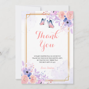 Cute Butterfly Paars Pink Floral Girl Baby shower Bedankkaart