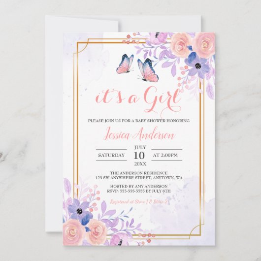 Cute Butterfly Paars Pink Floral Girl Baby shower Kaart (Voorkant)