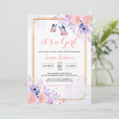 Cute Butterfly Paars Pink Floral Girl Baby shower Kaart (Staand voorkant)