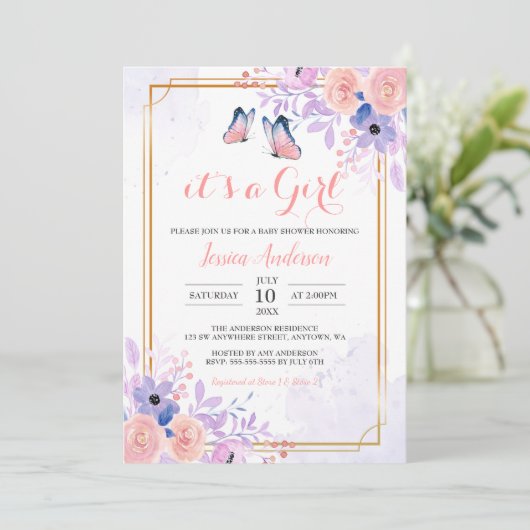 Cute Butterfly Paars Pink Floral Girl Baby shower Kaart (Staand voorkant)